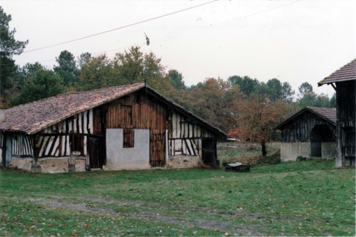 Ferme landaise à Sauméjan. Le « balet » au centre du mur pignon a été fermé, la partie haute en planches a été conservée. Un mur a été bâti en partie basse et percé d’une  porte et d’une fenêtre. Le « balet » est ainsi devenu une pièce habitable supplémentaire.  (Photo 3. R Gaston)